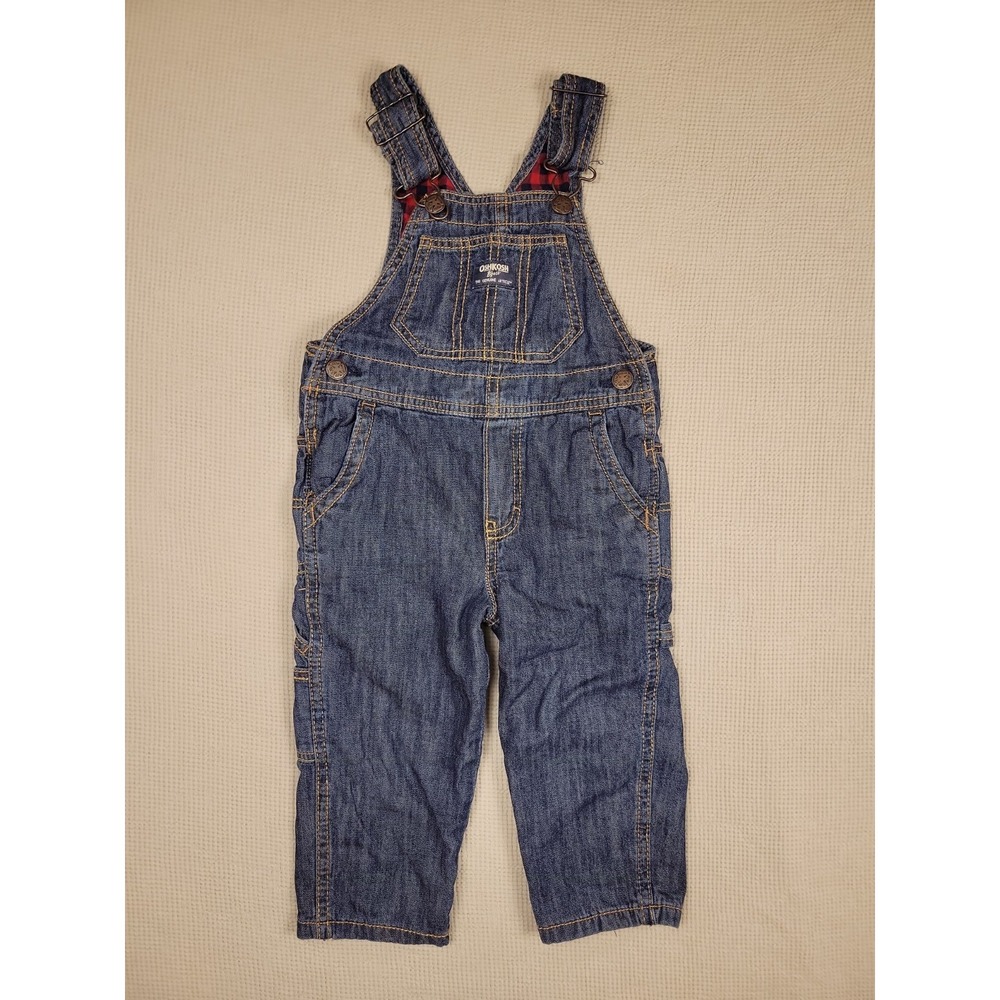 OshKosh Bgosh Blue Denim Overalls 2T Red Plaid Flannel Lining Boys Play Pockets